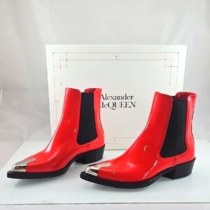 NEW $1190 Alexander McQueen Patent Leather Heeled Chelsea Boots Size 37